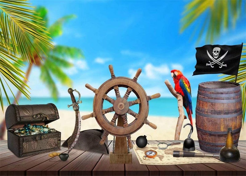 BELECO 7x5ft Fabric Pirate Backdrop for Photography Beach Pirate Ship Wooden Rudder Treasure Map Jewelry Box Barrel Parrot Background Halloween Pirate Party Decor Kids Birthday Photoshoot Photo Props - Image 1